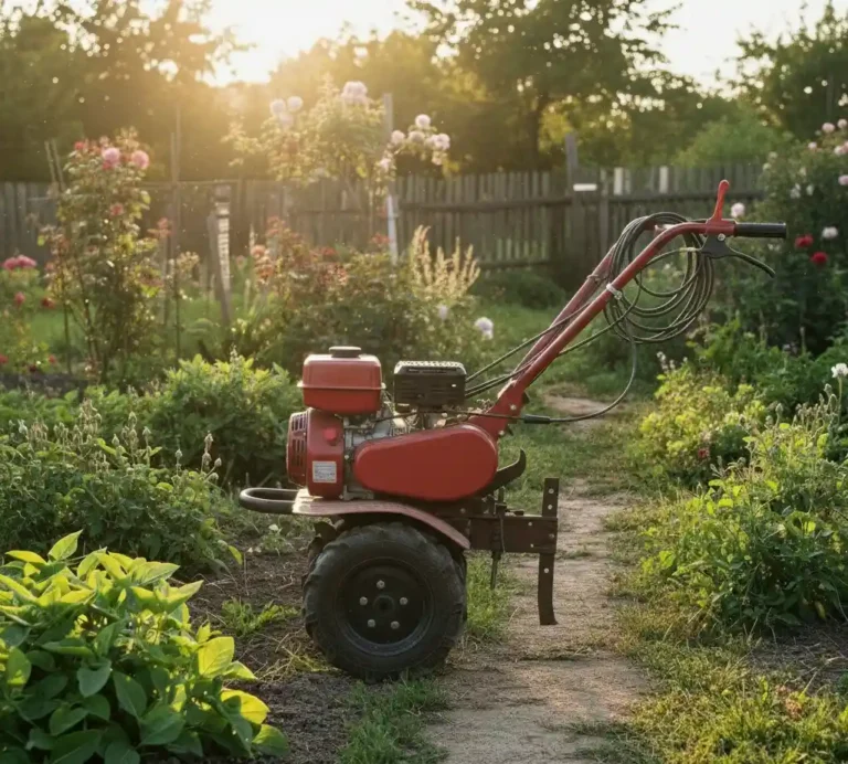 motoblokas stovintis sonais darze
